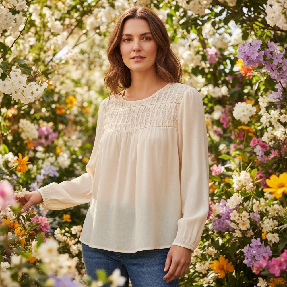 Meadow Rue Anthropologie Cream Swiss Dot Pleated Blouse Size Small